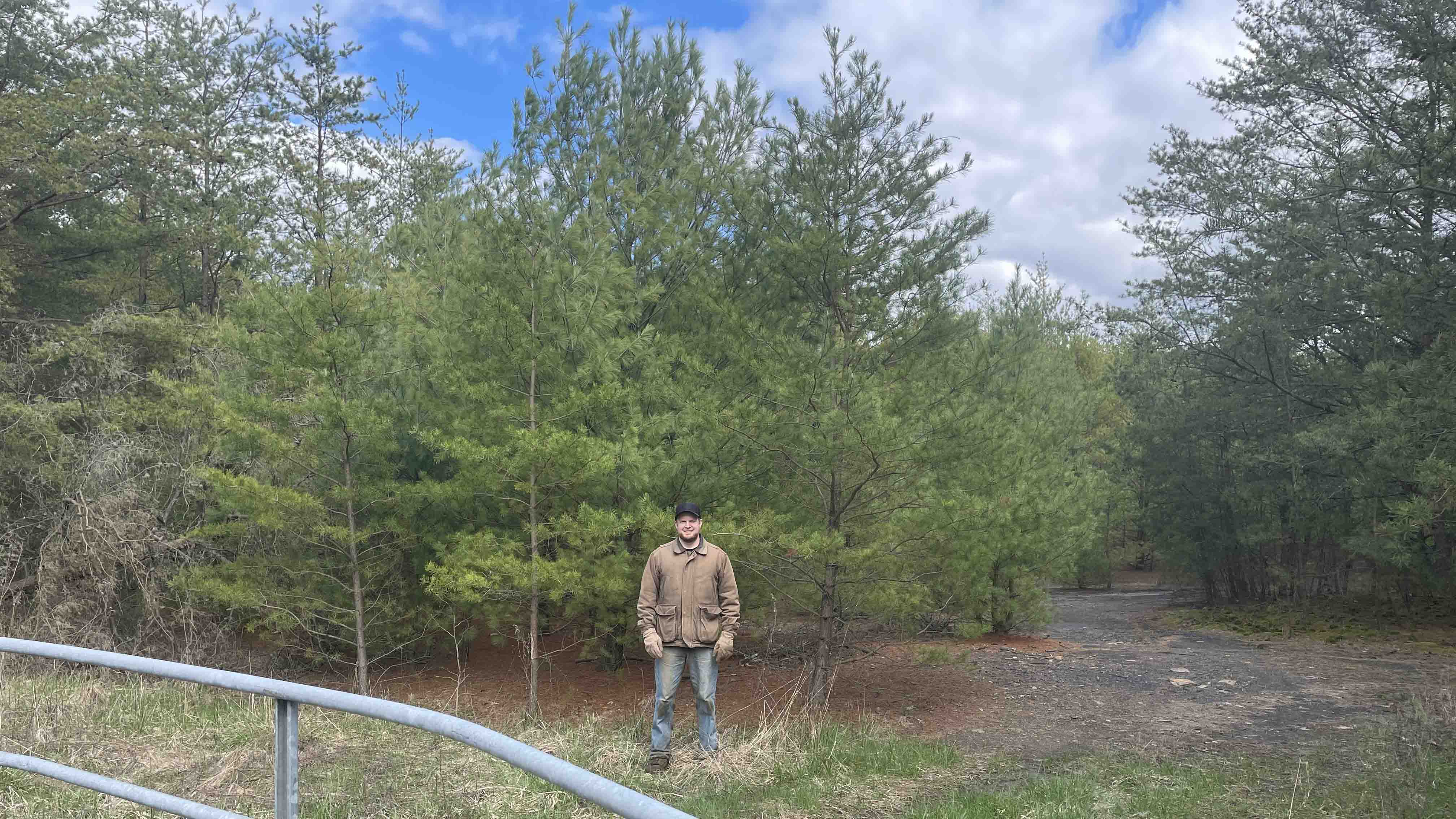 Man standing in front of pine trees outside